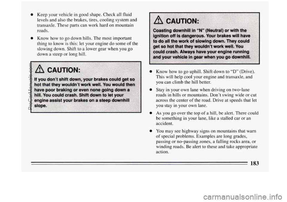 BUICK PARK AVENUE 1994  Owners Manual 0 Keep your vehicle in good  shape.  Check all fluid 
levels and  also the brakes, tires, cooling system and 
transaxle.  These parts can  work hard on mountain 
roads. 
0 Know  how to go down hills. 