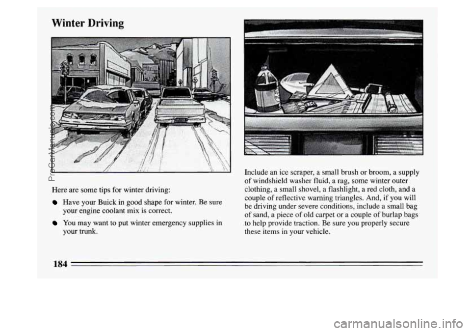 BUICK PARK AVENUE 1994  Owners Manual Here  are  some  tips  for winter driving: 
Have your Buick in good shape  for  winter.  Be  sure 
your  engine  coolant  mix is correct. 
You may want  to put  winter  emergency  supplies  in 
your  