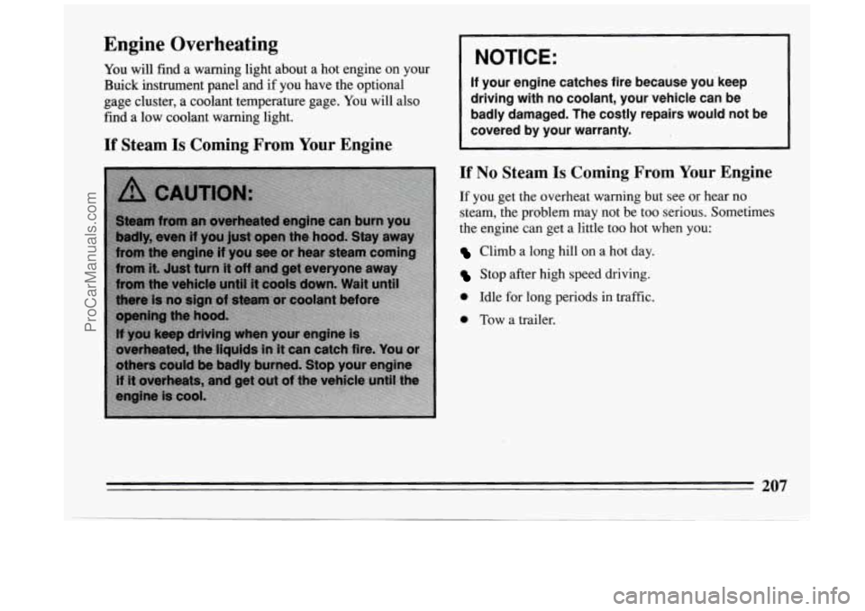 BUICK PARK AVENUE 1994  Owners Manual Engine Overheating 
You will find  a warning  light  about  a hot  engine  on  your 
Buick  instrument  panel  and  if you  have  the  optional 
gage  cluster,  a coolant  temperature  gage.  You will