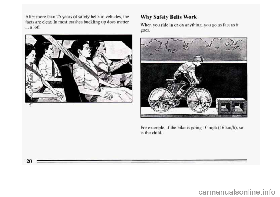 BUICK PARK AVENUE 1994 Owners Manual After more than 25 years of safety belts in vehicles, the 
facts  are clear. In most crashes buckling up does  matter 
... a lot! 
Why Safety Belts Work 
When you ride in or on anything, you go as fas
