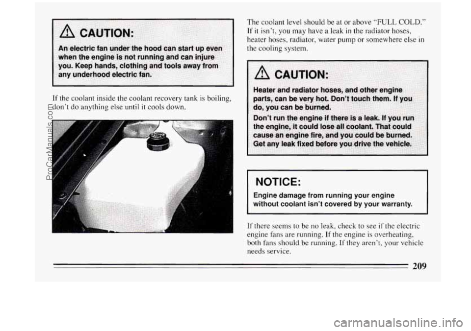 BUICK PARK AVENUE 1994  Owners Manual If the coolant  inside the coolant recovery tank is boiling, 
don’t  do anything  else 
until it cools  down. 
P 
The coolant level should be at  or  above “FULL COLD.” 
If it isn’t, you may h