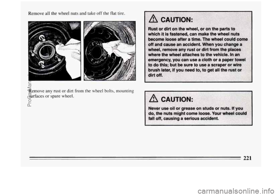 BUICK PARK AVENUE 1994  Owners Manual Remove all the wheel nuts and take off the flat  tire. 
Remove  any rust or dirt from the wheel 
bolts, mounting 
surfaces  or  spare  wheel. 
221 
ProCarManuals.com 
