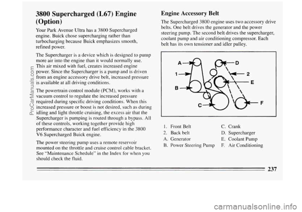 BUICK PARK AVENUE 1994  Owners Manual 3800 Supercharged (L67) Engine 
(Option) 
Your  Park Avenue Ultra has  a 3800 Supercharged 
engine.  Buick chose supercharging  rather than 
turbocharging  because  Buick  emphasizes  smooth, 
refined
