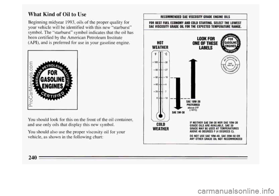 BUICK PARK AVENUE 1994  Owners Manual What Kind of Oil to Use 
Beginning midyear  1993, oils of the proper quality for 
your  vehicle 
will be identified  with this new  “starburst” 
symbol. The “starburst” symbol indicates  that 