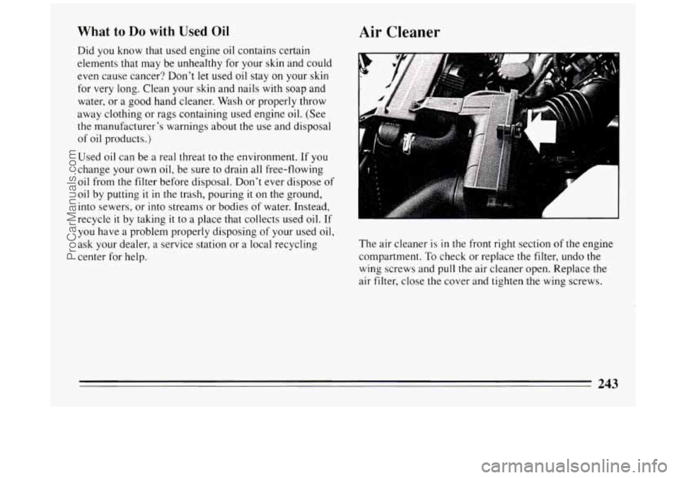 BUICK PARK AVENUE 1994  Owners Manual What to Do with Used Oil 
Did  you know that  used engine  oil contains  certain 
elements 
that may  be unhealthy for your skin and could 
even cause  cancer? Don’t let  used  oil  stay on your ski
