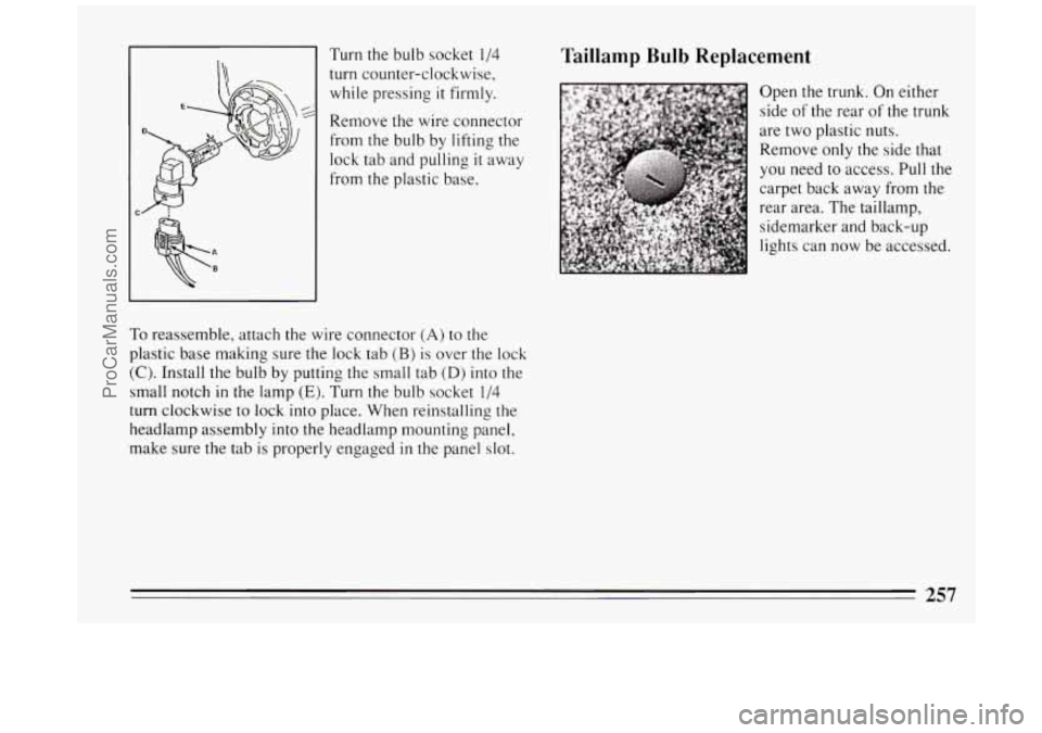 BUICK PARK AVENUE 1994  Owners Manual Turn the bulb  socket 1/4 
turn counter-clockwise, 
while pressing 
it firmly. 
Remove 
the wire connector 
from the bulb  by lifting 
the 
lock  tab and pulling it away 
from  the plastic base. 
To r