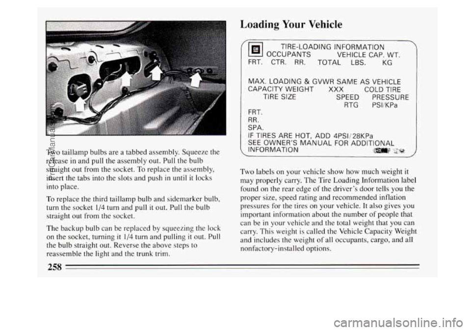 BUICK PARK AVENUE 1994  Owners Manual Two taillamp bulbs  are a tabbed assembly. Squeeze the 
release 
in and  pull  the  assembly  out.  Pull the bulb 
straight out from  the socket.  To replace the assembly, 
insert  the tabs  into the 