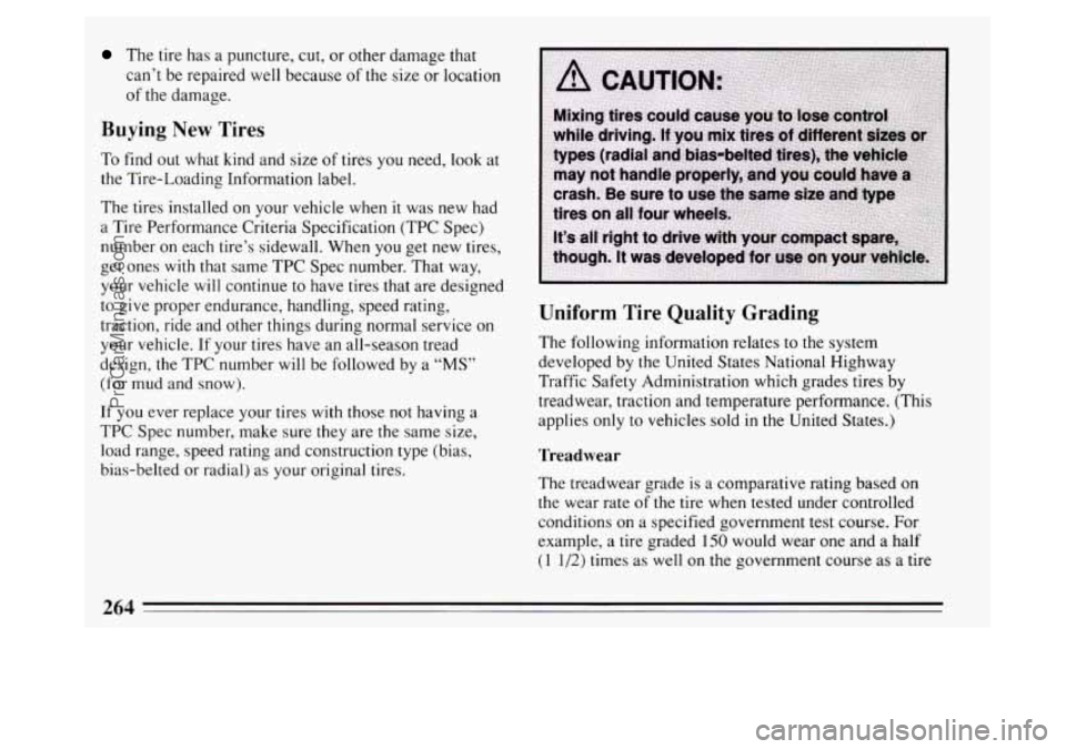 BUICK PARK AVENUE 1994 Owners Manual The tire has a puncture, cut, or other damage that
can’t be repaired well because
of the size or location
of the damage.
Buying New Tires
To find out what kind and size of tires you ne BUICK PARK AVENUE 1994 Owners Manual The tire has a puncture, cut, or other damage that
can’t be repaired well because
of the size or location
of the damage.
Buying New Tires
To find out what kind and size of tires you ne