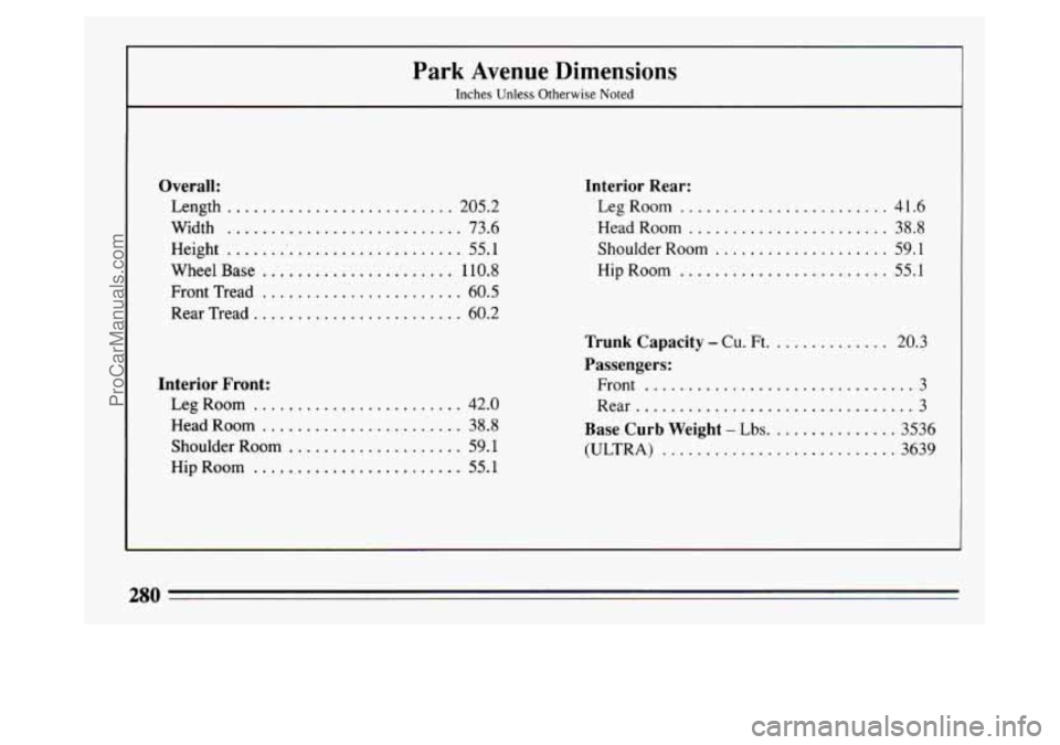 BUICK PARK AVENUE 1994  Owners Manual Park Avenue  Dimensions 
Inches  Unless  Otherwise  Noted 
Overall: 
Length .......................... 205.2 
Width 
........................... 73.6 
Height 
............................ 55.1 
Wheel 