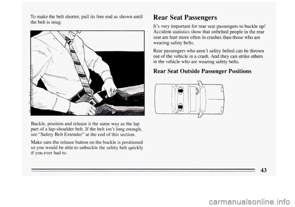 BUICK PARK AVENUE 1994 Service Manual To make the belt shorter, pull its free end as shown until
the belt is snug.
Buckle, position and release
it the same way as the lap
part
of a lap-shoulder belt. If the belt isn’t BUICK PARK AVENUE 1994 Service Manual To make the belt shorter, pull its free end as shown until
the belt is snug.
Buckle, position and release
it the same way as the lap
part
of a lap-shoulder belt. If the belt isn’t