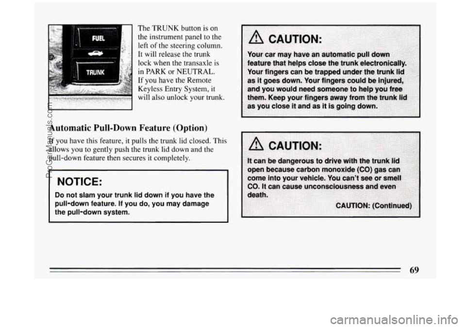 BUICK PARK AVENUE 1994 Manual PDF :. .. The TRUNK  button is on 
Automatic Pull-Down  Feature (Option) 
If you have this feature, it pulls  the  trunk  lid closed.  This 
allows  you 
to gently push  the trunk  lid  down and the 
pull
