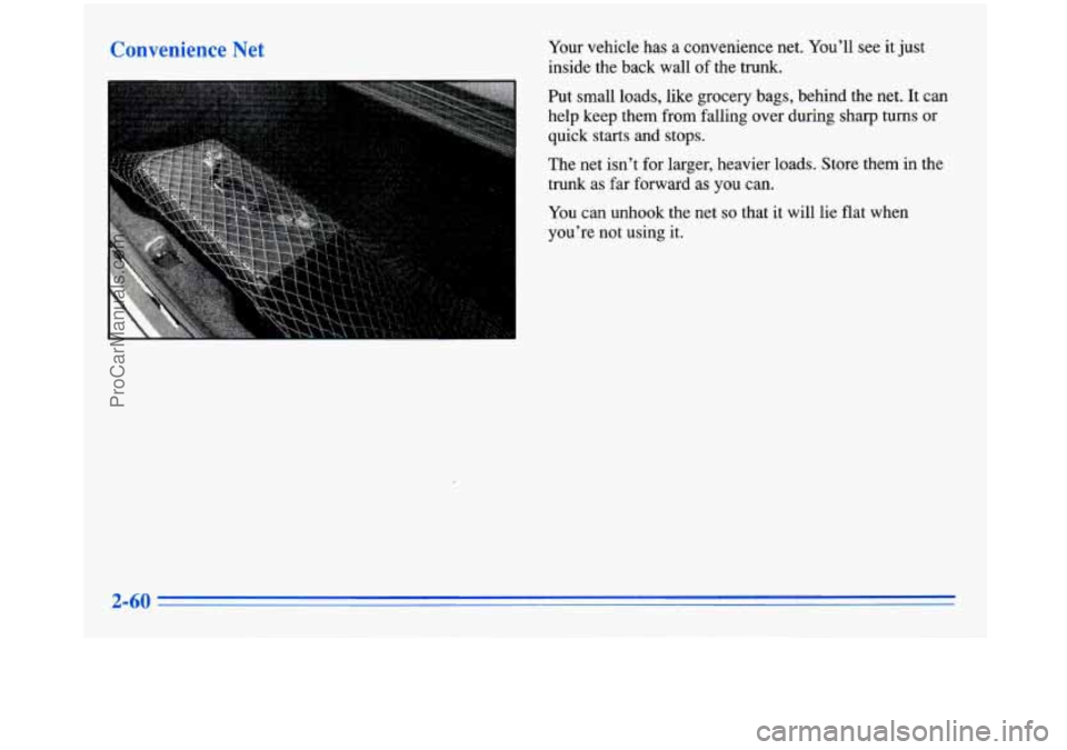 BUICK PARK AVENUE 1996  Owners Manual Convenience I Your vehicle has  a convenience  net.  You’ll see it just 
inside  the  back  wall 
of the trunk. 
Put small loads, like grocery bags, behind the  net. It can 
help keep  them from fal