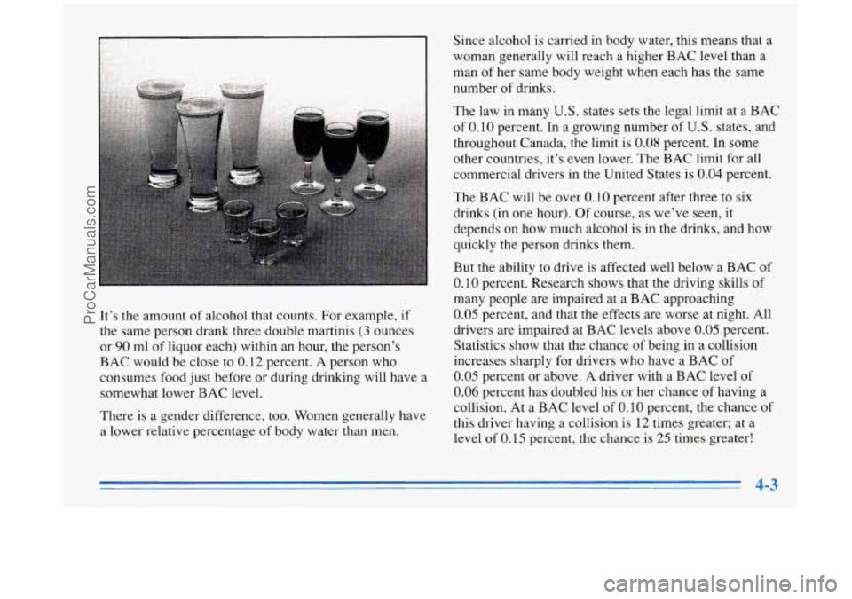 BUICK PARK AVENUE 1996 Owners Manual It’s the amount of alcohol that counts. For example, if
the same person drank three double martinis
(3 ounces
or
90 ml of liquor each) within an hour, the person’s
BAC would BUICK PARK AVENUE 1996 Owners Manual It’s the amount of alcohol that counts. For example, if
the same person drank three double martinis
(3 ounces
or
90 ml of liquor each) within an hour, the person’s
BAC would