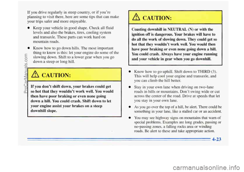 BUICK PARK AVENUE 1996 Owners Manual If you drive regularly in steep country, or if you’re
planning to visit there, here are some tips that can make
your trips safer and more enjoyable.
0 Keep your vehicle in good sha BUICK PARK AVENUE 1996 Owners Manual If you drive regularly in steep country, or if you’re
planning to visit there, here are some tips that can make
your trips safer and more enjoyable.
0 Keep your vehicle in good sha