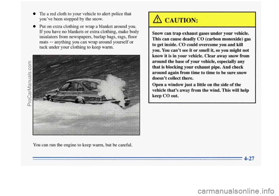 BUICK PARK AVENUE 1996 Owners Manual Tie a red cloth to your vehicle to alert police that
you’ve been stopped by the snow.
Put on extra clothing or wrap a blanket around you.
If you have no blankets
or extra clothing BUICK PARK AVENUE 1996 Owners Manual Tie a red cloth to your vehicle to alert police that
you’ve been stopped by the snow.
Put on extra clothing or wrap a blanket around you.
If you have no blankets
or extra clothing