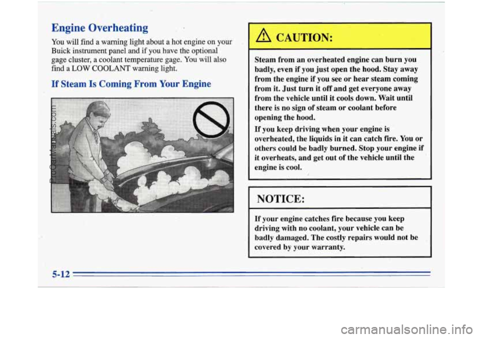 BUICK PARK AVENUE 1996  Owners Manual Engine  Overheating 
You will find a warning  light about  a hot  engine  on your 
Buick instrument panel  and 
if you have the  optional 
gage  cluster,  a coolant temperature gage.  You 
will also 
