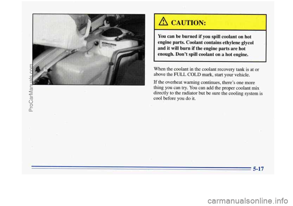 BUICK PARK AVENUE 1996  Owners Manual I A CAUTION: 
r 
You can  be  burned  if  you  spill  coolant  on  hot 
engine  parts.  Coolant  contains  ethylene  glycol 
and  it  will  burn  if  the  engine  parts  are  hot 
enough.  Don’t  sp