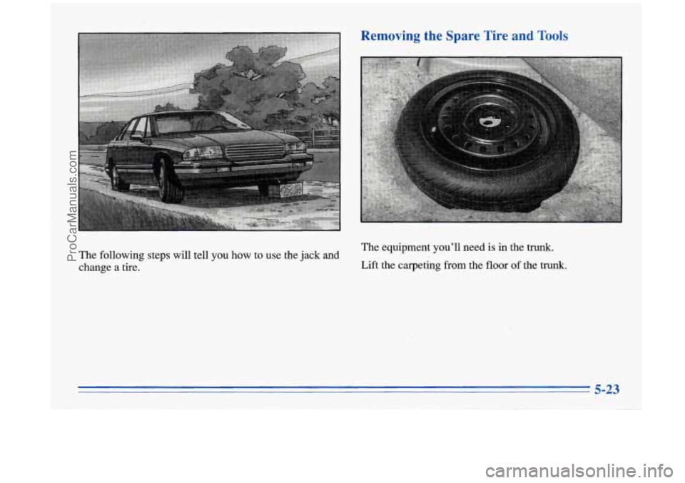 BUICK PARK AVENUE 1996  Owners Manual Removing  the  Spare  Tire  and  Tools 
The equipment you’ll need is  in  the trunk. 
The  following  steps will tell you how touse  the  jack  and 
change  a  tire.  Lift  the  carpeting 
from the 