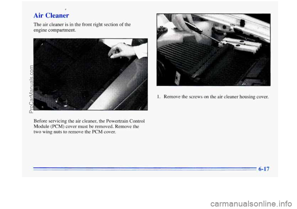 BUICK PARK AVENUE 1996 Owners Manual 4
Air Cleaner
The air cleaner is in the front right section of the
engine compartment.
1. Remove the screws on the air cleaner housing cover.
Before servicing the air cleaner, the Power BUICK PARK AVENUE 1996 Owners Manual 4
Air Cleaner
The air cleaner is in the front right section of the
engine compartment.
1. Remove the screws on the air cleaner housing cover.
Before servicing the air cleaner, the Power