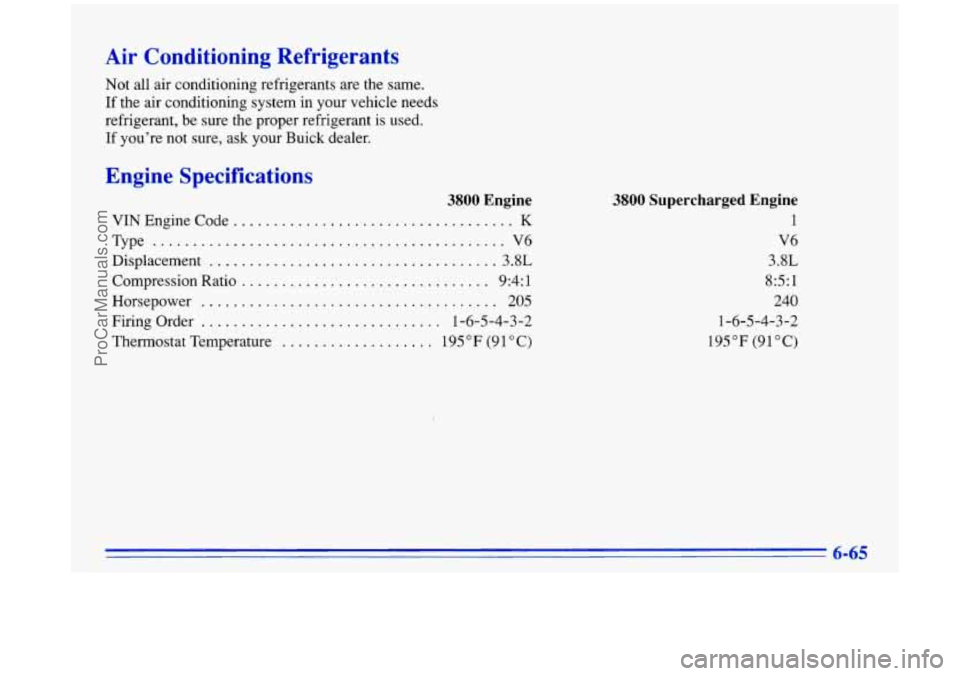 BUICK PARK AVENUE 1996 Owners Manual Air Conditioning Refrigerants
Not all air conditioning refrigerants are the same.
If the air conditioning system in your vehicle needs
refrigerant, be sure the proper refrigerant is used. BUICK PARK AVENUE 1996 Owners Manual Air Conditioning Refrigerants
Not all air conditioning refrigerants are the same.
If the air conditioning system in your vehicle needs
refrigerant, be sure the proper refrigerant is used.