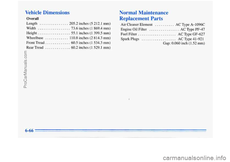 BUICK PARK AVENUE 1996 Owners Manual Vehicle Dimensions
Overall
Length ............... 205.2 inches (5 2 12.1 mm)
Width
................. 73.6 inches (1 869.4 mm)
Height
................. 55.1 inches (1 399.5 mm)
Wheelbase
... BUICK PARK AVENUE 1996 Owners Manual Vehicle Dimensions
Overall
Length ............... 205.2 inches (5 2 12.1 mm)
Width
................. 73.6 inches (1 869.4 mm)
Height
................. 55.1 inches (1 399.5 mm)
Wheelbase
...