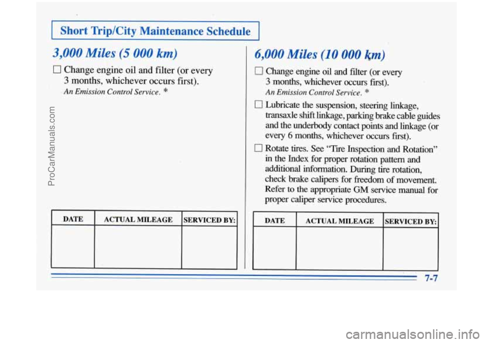 BUICK PARK AVENUE 1996 Owners Manual I
I 1
I Short Trip/City Maintenance Schedule I
3,000 Miles (5 000 km)
0 Change engine oil and filter (or every
3 months, whichever occurs first).
An Emission Control Service. *
t
DATE
SE BUICK PARK AVENUE 1996 Owners Manual I
I 1
I Short Trip/City Maintenance Schedule I
3,000 Miles (5 000 km)
0 Change engine oil and filter (or every
3 months, whichever occurs first).
An Emission Control Service. *
t
DATE
SE