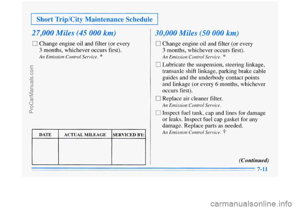 BUICK PARK AVENUE 1996  Owners Manual I -7 
1 Short  Trip/City  Maintenance  Schedule I 
27,000 Miles (45 000 km) 
0 Change engine oil and filter (or every 
3 months, whichever occurs first). 
An Emission Control Service. * 
DATE 
SERVICE