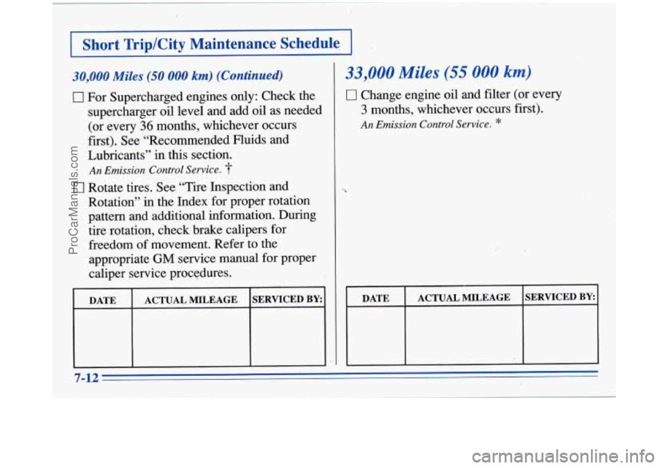 BUICK PARK AVENUE 1996 Owners Manual I Short Trip/City Maintenance Schedule I
30,000 Miles (50 000 km) (Continued)
Ll For Supercharged engines only: Check the
supercharger oil level and add oil as needed
(or every
36 months, BUICK PARK AVENUE 1996 Owners Manual I Short Trip/City Maintenance Schedule I
30,000 Miles (50 000 km) (Continued)
Ll For Supercharged engines only: Check the
supercharger oil level and add oil as needed
(or every
36 months,