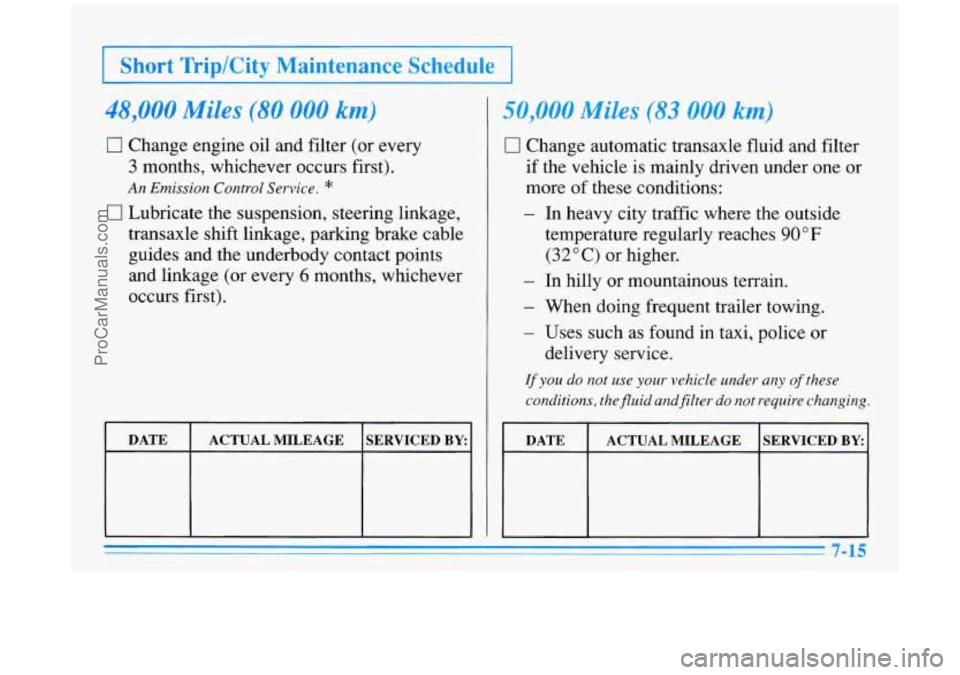 BUICK PARK AVENUE 1996 Owners Manual I Short Trip/City Maintenance Schedule I
48,000 Miles (80 000 km)
0 Change engine oil and filter (or every
3 months, whichever occurs first).
An Emission Control Service. *
0 Lubricate the sus BUICK PARK AVENUE 1996 Owners Manual I Short Trip/City Maintenance Schedule I
48,000 Miles (80 000 km)
0 Change engine oil and filter (or every
3 months, whichever occurs first).
An Emission Control Service. *
0 Lubricate the sus