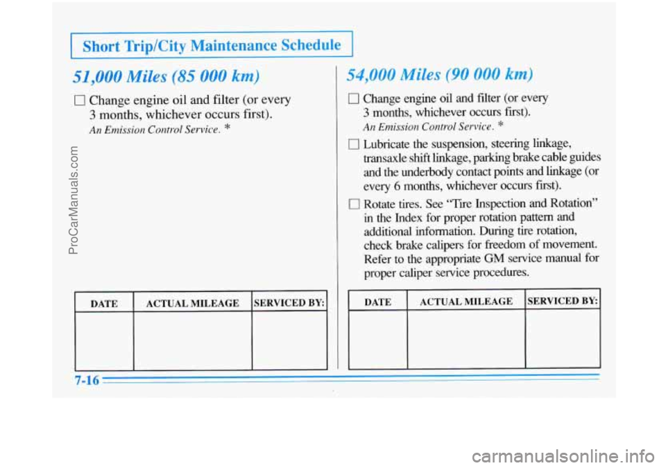BUICK PARK AVENUE 1996 Owners Manual Short TriplCity Maintenance Schedule
51,000 Miles (85 000 km)
0 Change engine oil and filter (or every
3 months, whichever occurs first).
An Emission Control Service. *
DATE ACTUAL MILEAGE BUICK PARK AVENUE 1996 Owners Manual Short TriplCity Maintenance Schedule
51,000 Miles (85 000 km)
0 Change engine oil and filter (or every
3 months, whichever occurs first).
An Emission Control Service. *
DATE ACTUAL MILEAGE