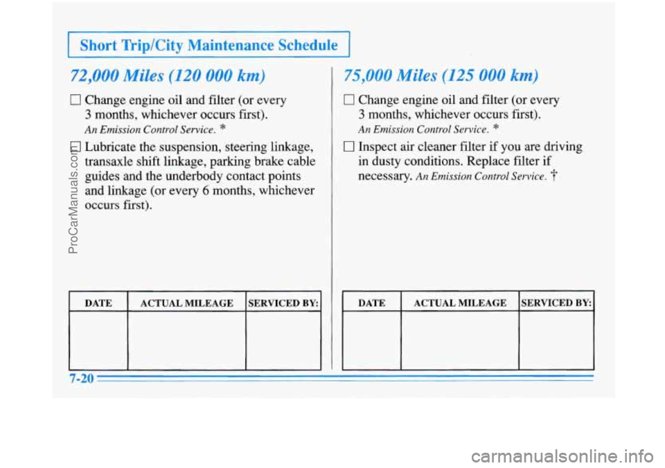 BUICK PARK AVENUE 1996 Owners Manual I Short Trip/City Maintenance Schedule I
72,000 Miles (120 000 km)
El Change engine oil and filter (or every
3 months, whichever occurs first).
An Emission Control Service. *
0 Lubricate the BUICK PARK AVENUE 1996 Owners Manual I Short Trip/City Maintenance Schedule I
72,000 Miles (120 000 km)
El Change engine oil and filter (or every
3 months, whichever occurs first).
An Emission Control Service. *
0 Lubricate the