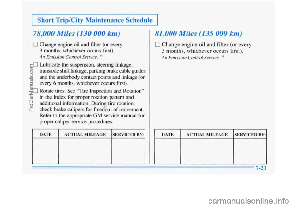 BUICK PARK AVENUE 1996 Owners Manual I Short Trip/City Maintenance Schedule 1
78,000 Miles (130 000 km)
0 Change engine oil and filter (or every
3 months, whichever occurs first).
An Emission Control Service. *
0 Lubric BUICK PARK AVENUE 1996 Owners Manual I Short Trip/City Maintenance Schedule 1
78,000 Miles (130 000 km)
0 Change engine oil and filter (or every
3 months, whichever occurs first).
An Emission Control Service. *
0 Lubric