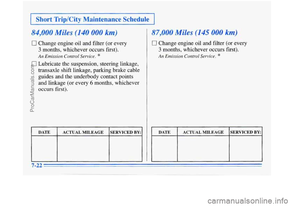 BUICK PARK AVENUE 1996 Owners Manual I Short TriplCity Maintenance Schedule I
84,000 Miles (140 000 km)
0 Change engine oil and filter (or every
3 months, whichever occurs first).
An Emission Control Service. *
0 Lubricate th BUICK PARK AVENUE 1996 Owners Manual I Short TriplCity Maintenance Schedule I
84,000 Miles (140 000 km)
0 Change engine oil and filter (or every
3 months, whichever occurs first).
An Emission Control Service. *
0 Lubricate th