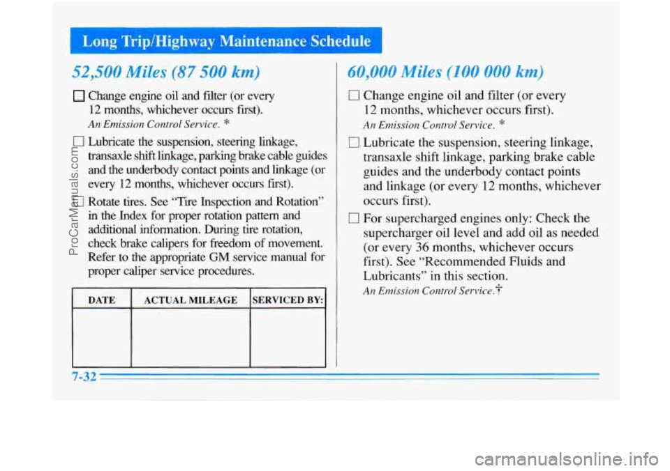 BUICK PARK AVENUE 1996 Owners Manual Long TriplHighway Maintenance Schedule I
52,500 Miles (87 500 km)
Change engine oil and filter (or every
12 months, whichever occurs first).
An Emission Control Service. 8
0 Lubricate BUICK PARK AVENUE 1996 Owners Manual Long TriplHighway Maintenance Schedule I
52,500 Miles (87 500 km)
Change engine oil and filter (or every
12 months, whichever occurs first).
An Emission Control Service. 8
0 Lubricate