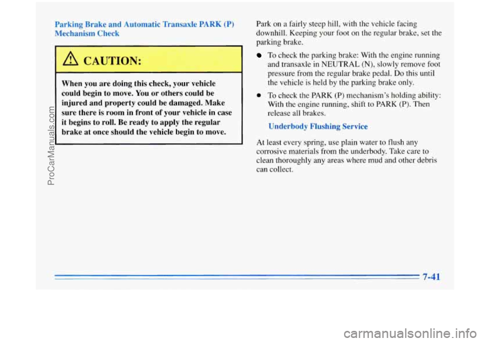 BUICK PARK AVENUE 1996 Owners Manual Parking Brake and Automatic Transaxle PARK (P)
Mechanism Check
A CAUTION:
When you are doing this check, your vehicle
could begin to move.
You or others could be
injured and pro BUICK PARK AVENUE 1996 Owners Manual Parking Brake and Automatic Transaxle PARK (P)
Mechanism Check
A CAUTION:
When you are doing this check, your vehicle
could begin to move.
You or others could be
injured and pro