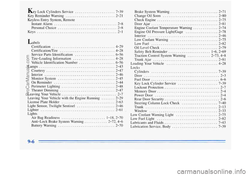 BUICK PARK AVENUE 1996 Owners Manual Key Lock Cylinders Service ..................... 7-39
Key Reminder Warning
.......................... 2-21
Keyless Entry System. Remote
Instant Alarm
................................. 2-8
BUICK PARK AVENUE 1996 Owners Manual Key Lock Cylinders Service ..................... 7-39
Key Reminder Warning
.......................... 2-21
Keyless Entry System. Remote
Instant Alarm
................................. 2-8
