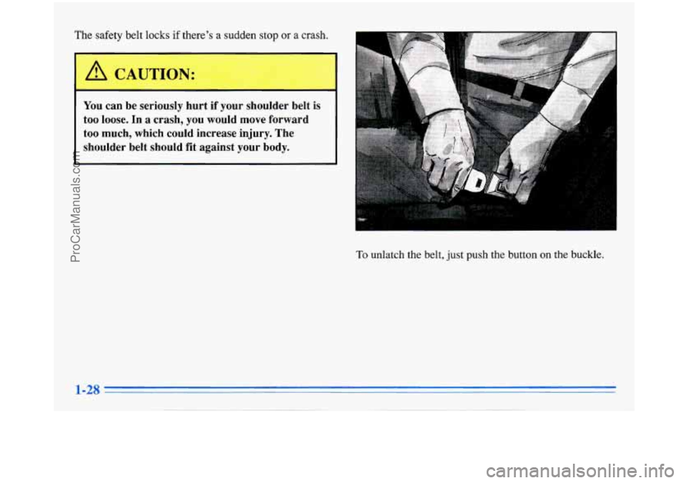 BUICK PARK AVENUE 1996 Owners Guide The safety  belt locks if there’s  a  sudden  stop or a crash. 
You can be  seriously  hurt  if  your  shoulder  belt  is 
too 
loose. In  a crash, you would  move  forward 
too  much,  which  could