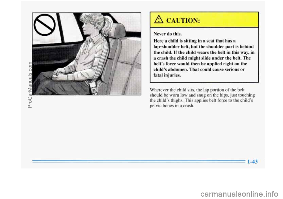 BUICK PARK AVENUE 1996 Workshop Manual Never do this.
Here
a child is sitting in a seat that has a
lap-shoulder belt, but the shoulder part is behind
the child.
If the child wears the belt in this way, in
a crash t BUICK PARK AVENUE 1996 Workshop Manual Never do this.
Here
a child is sitting in a seat that has a
lap-shoulder belt, but the shoulder part is behind
the child.
If the child wears the belt in this way, in
a crash t