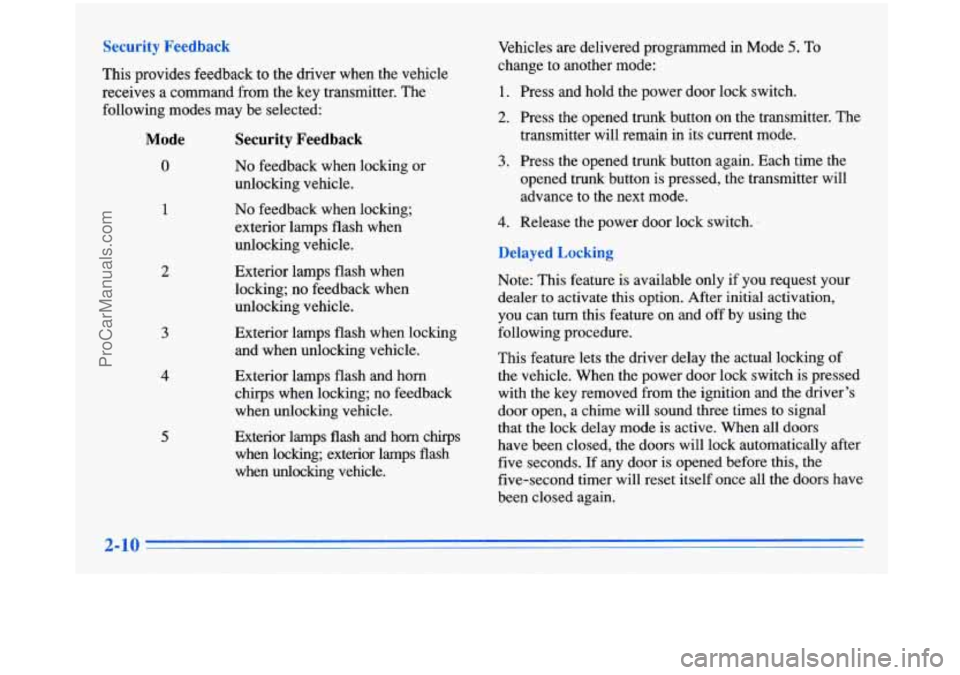 BUICK PARK AVENUE 1996 Repair Manual Security Feedback
This provides feedback to the driver when the vehicle
receives
a command from the key transmitter. The
following modes may be selected:
Mode
0
1
2
3
4
5
Security BUICK PARK AVENUE 1996 Repair Manual Security Feedback
This provides feedback to the driver when the vehicle
receives
a command from the key transmitter. The
following modes may be selected:
Mode
0
1
2
3
4
5
Security