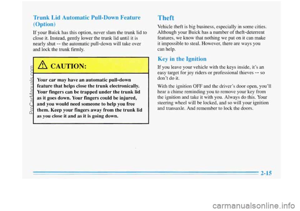 BUICK PARK AVENUE 1996 Manual PDF Trunk Lid Automatic Pull-Down Feature
(Option)
If your Buick has this option, never slam the trunk lid to
close it. Instead, gently lower the trunk lid until it is
nearly shut -- the automat BUICK PARK AVENUE 1996 Manual PDF Trunk Lid Automatic Pull-Down Feature
(Option)
If your Buick has this option, never slam the trunk lid to
close it. Instead, gently lower the trunk lid until it is
nearly shut -- the automat