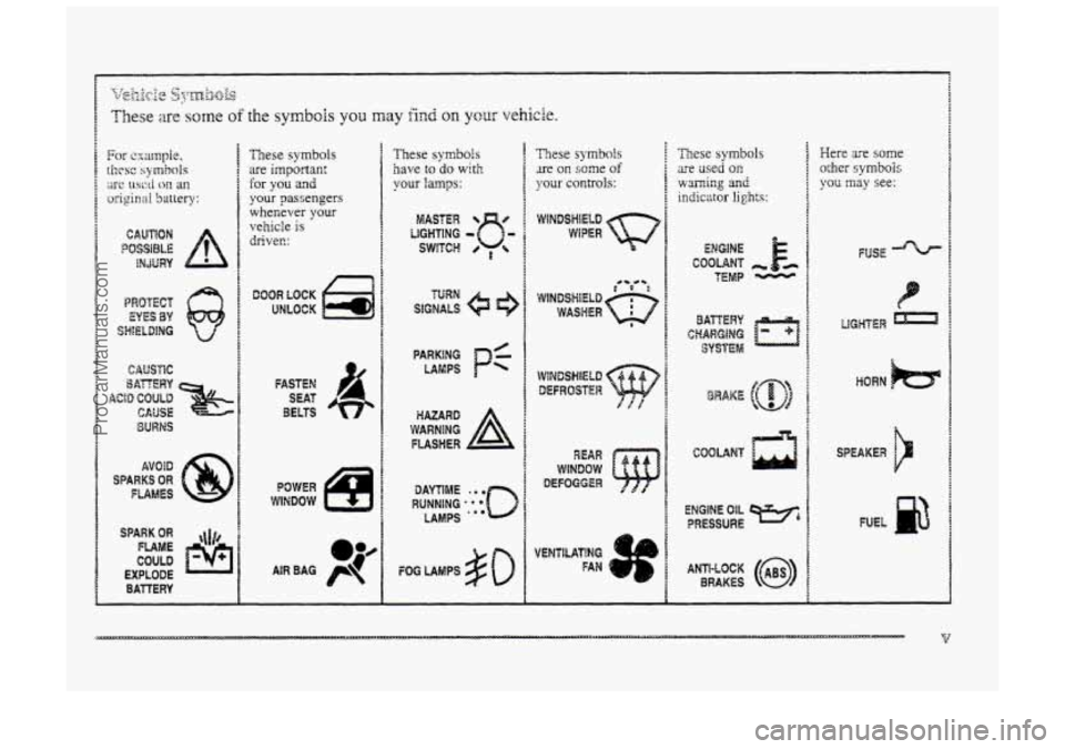 BUICK PARK AVENUE 1998 User Guide CAUSPlC 
BURNS 
SPARK OR ql!, 
COULD 
FUME 
EXPLODE 
BATTERY 
I F 
1 : 
f 
I 
1 
These symbols 
are important 
for you and 
your passengers  whenever your 
vehicle 
is 
driver.: 
DOOR LOCK 
UNLOCK 
PO