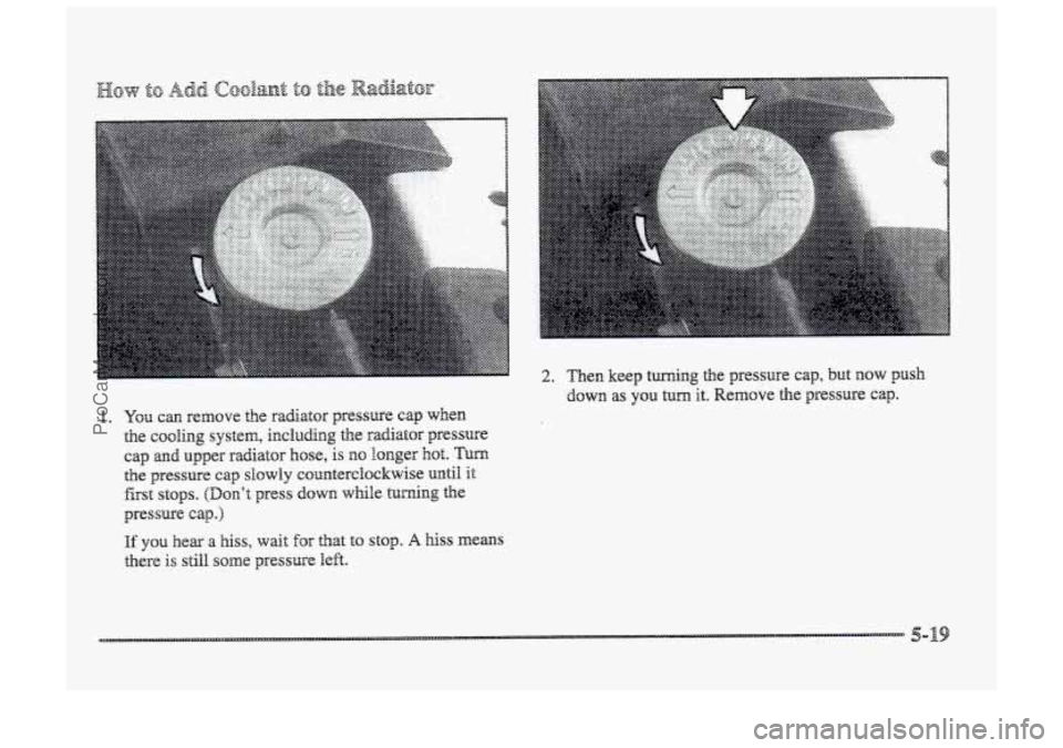 BUICK PARK AVENUE 1998  Owners Manual 1. You can remove the radiator pressure cap when 
the cooling system, including the radiator pressure 
cap and upper radiator hose, is  longer hot. Turn 
the pressure cap S~OW~Y counterdockwise until 