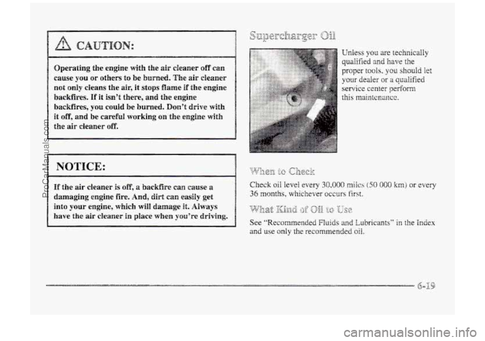 BUICK PARK AVENUE 1998  Owners Manual Operating  the  engine with the air cleaner off can 
cause you or  others to be  burned. The air eleaner 
not only cleans the air, it stops  flame if the  engine 
backfires. 
1% it isn’t there, and 