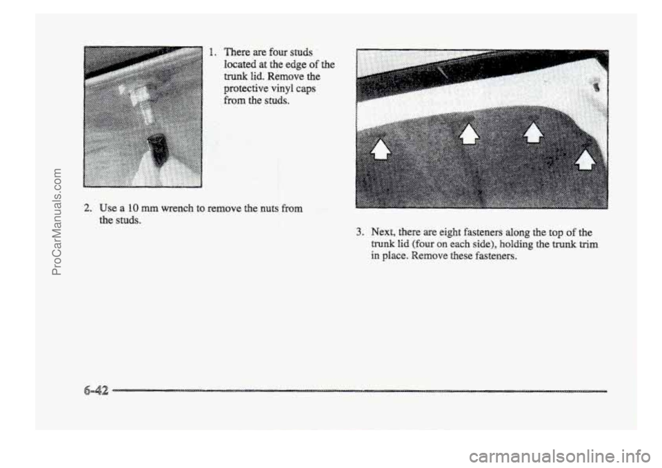 BUICK PARK AVENUE 1998  Owners Manual 1. There are four studs 
located at  the  edge of the 
trunk lid. Remove  the 
protective 
vinyl caps 
from the studs. 
3. Next,  there  are  eight  fasteners  along the top of tame 
trunk lid (four o