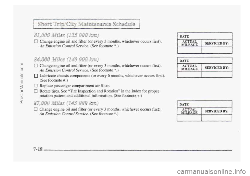 BUICK PARK AVENUE 1998  Owners Manual 0 
0 
0 
Change engine oil and filter (M every 3 months, whichever occurs first). 
An Emission Control Service. (See footnote *.> 
Lubricate chassis components (or every 6 months, whichever  occurs fi