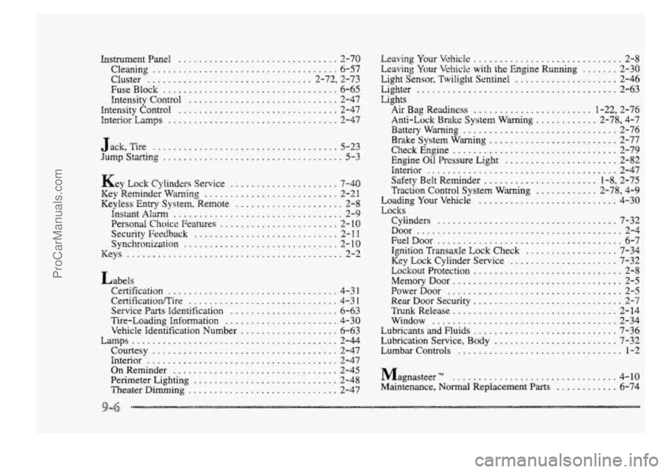 BUICK PARK AVENUE 1998  Owners Manual InstrumentPanel ............................... 2-70 
Cleaning 
.................................... 6-57 
Cluster 
................................ 2.72.  2.73 
FuseBlock 
...........................