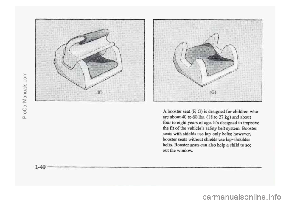 BUICK PARK AVENUE 1998 Workshop Manual .:~~~:.:.:.~~:.:.:.~:~.. ................ . ............._. ............ 
A booster  seat (F, G) is designed  for  children  who 
are  about 
40 to 6Q Ibs. (18 to 27 kg) md about 
four  to  eight  yea
