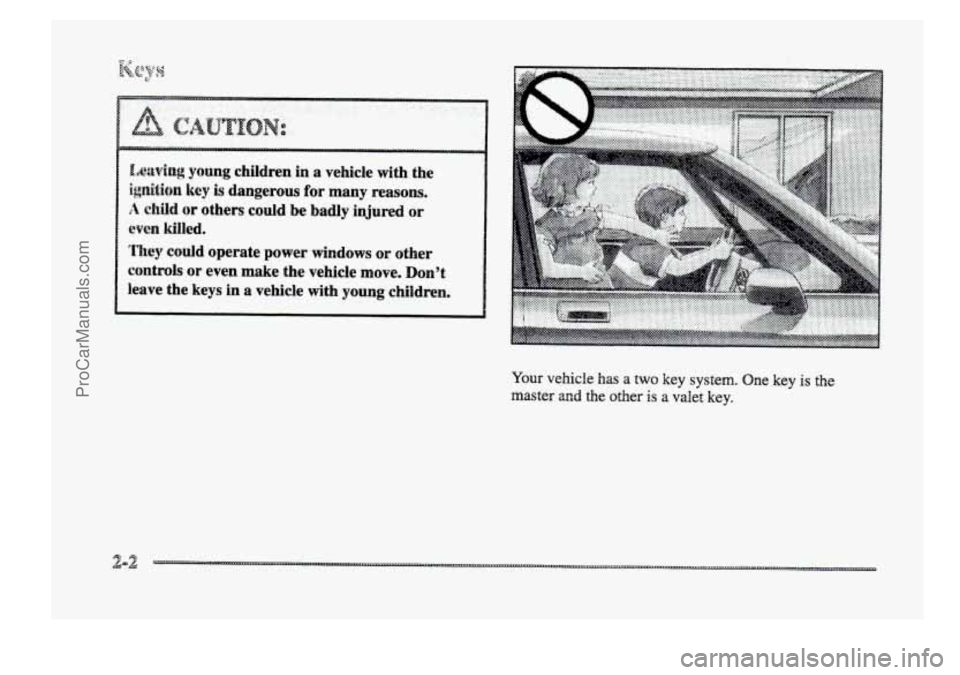 BUICK PARK AVENUE 1998 Repair Manual B[,aePfng young children in a vehicle  with  the 
ignition key is dangerous for many reasons. 
A &ild or others  could  be  badly  injured or 
even killed. 
They could  operate  power  windows or othe