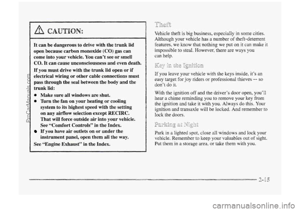 BUICK PARK AVENUE 1998 Manual Online It can be dangerous to drive  with the trunk lid 
open because  carbon monoxide (CO) gas can 
come into your  vehicle. YOU can’t  see or smell1 
CO. It can cause  unconsciousness and even death. 
If