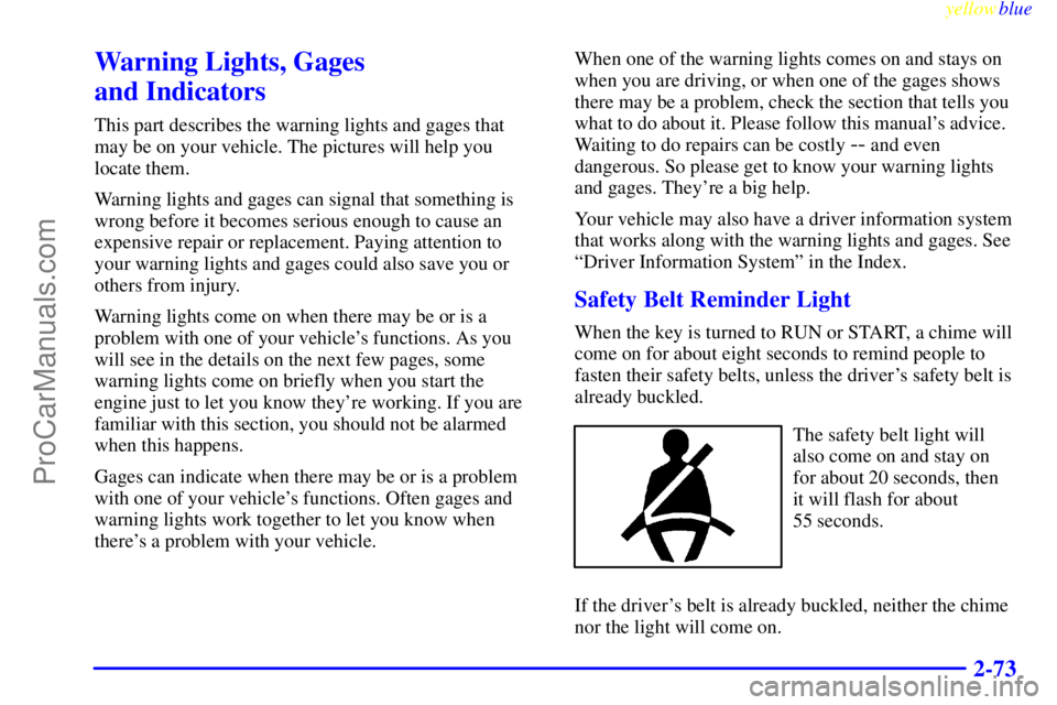 BUICK PARK AVENUE 1999  Owners Manual yellowblue     
2-73
Warning Lights, Gages 
and Indicators
This part describes the warning lights and gages that
may be on your vehicle. The pictures will help you
locate them.
Warning lights and gage